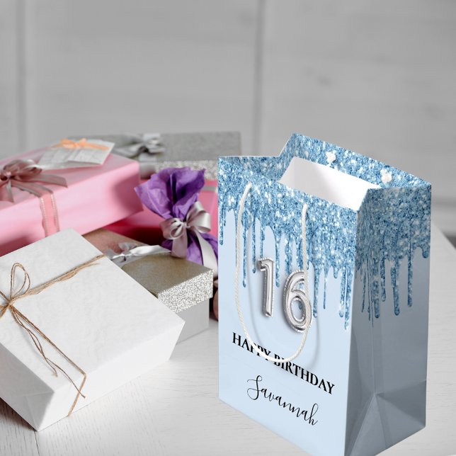Sacola Para Presentes Média Bebê azul brilho nome doce 16 (Criador carregado)