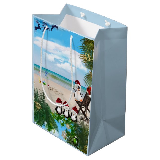 Sacola Para Presentes Média Bebê de Natal de Verão na praia repete Design (Verso inclinado)
