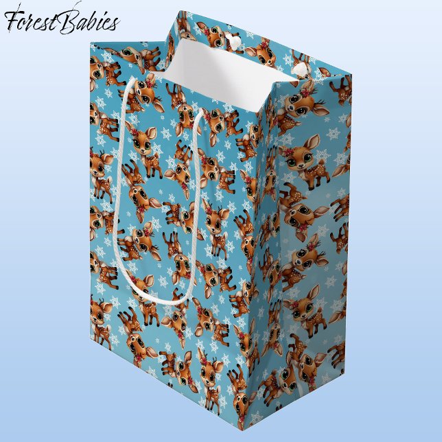 Sacola Para Presentes Média Bebê, Fawn, Doe, Reindeer 🦌 Azul, Floco de Neve (Cute Baby Floral Deer, Fawn, Doe Lover, Reindeer Antlers, Snowflake Pattern, Blue Gift Bag 🦌 🎄)