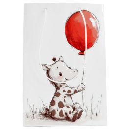 Sacola Para Presentes Média Bebê Girafa Adorável com Balão Vermelho em Espiral