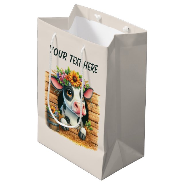 Sacola Para Presentes Média Bebê vaca fofa adicionar texto  (Frente inclinada)