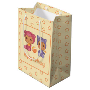 Sacola Para Presentes Média Bebês gêmeos Aniversário Gato Urso Amarelo Escuro