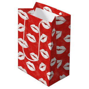 Sacola Para Presentes Média Beijo Vermelho Branco Lábios Galante Amor Dia dos