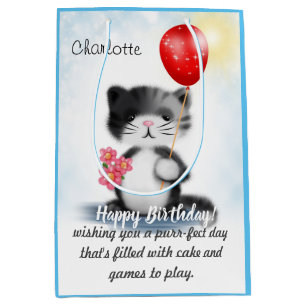 Sacola Para Presentes Média Bela Arte De Gatinho Feliz Poema De Aniversário