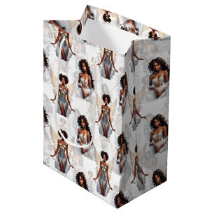 Sacola Para Presentes Média Bela Menina Negra Padrão de Design de Anjos 