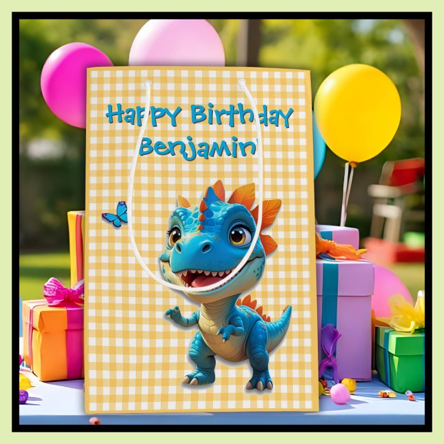 Sacola Para Presentes Média Belo Amarelo Gingham Blue Dinossaur Aniversário (Criador carregado)