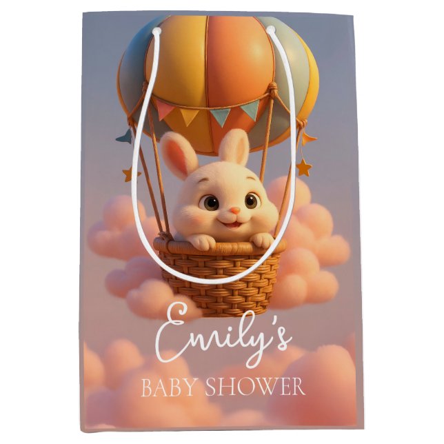 Sacola Para Presentes Média Belo Balão de Ar Quente com Nuvens Rosa (Frente)