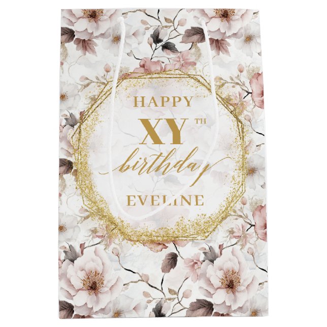 Sacola Para Presentes Média Belo Beth Pink Boho Dourado Aniversário Gift Bag (Frente)