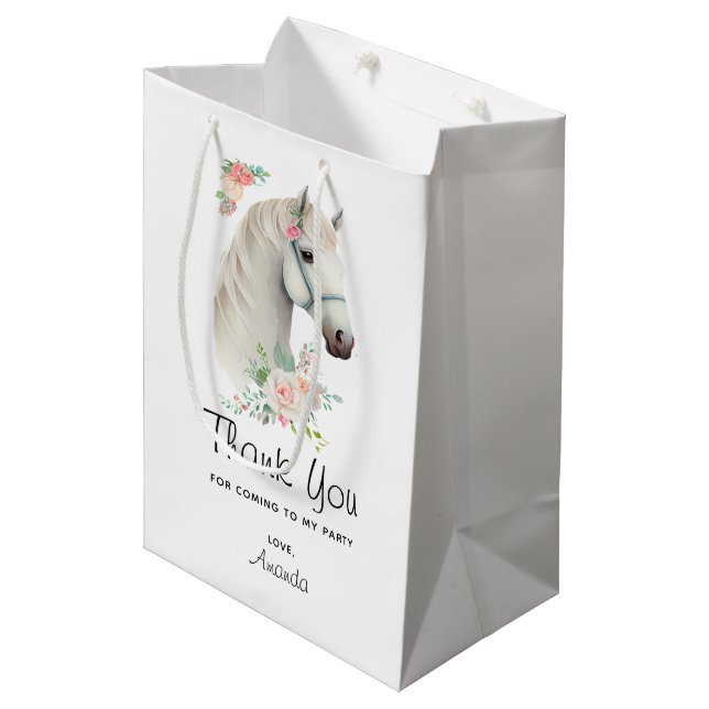 Sacola Para Presentes Média Belo Cavalo Branco Boho Floral Obrigado (Frente inclinada)
