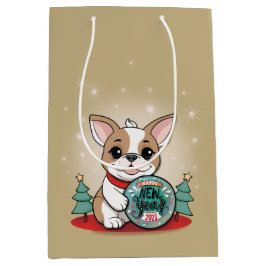 Sacola Para Presentes Média Belo Feliz ano novo francês Bulldog Engraçado