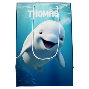 Sacola Para Presentes Média Beluga Baleia Cartoon Blue Green Oceano Ártico