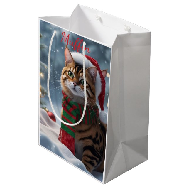 Sacola Para Presentes Média Bengala Papai noel Bengala Gato Natal Personalizad (Verso inclinado)