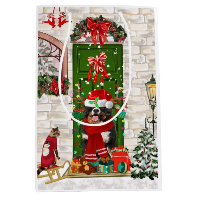 Sacola Para Presentes Média Bernese Mountain Dog Natal (Frente)