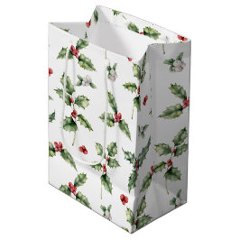 Sacola Para Presentes Média Berries vermelhos de aquarela, Mistletoe Folhas Ho
