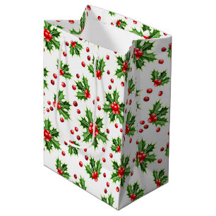 Sacola Para Presentes Média Berries Vermelhos Holly, Natal Clássico