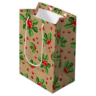 Sacola Para Presentes Média Berries Vermelhos Holly, Natal Clássico
