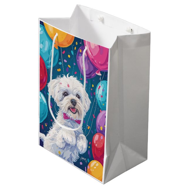 Sacola Para Presentes Média Bichon Frise com Balões (Frente inclinada)