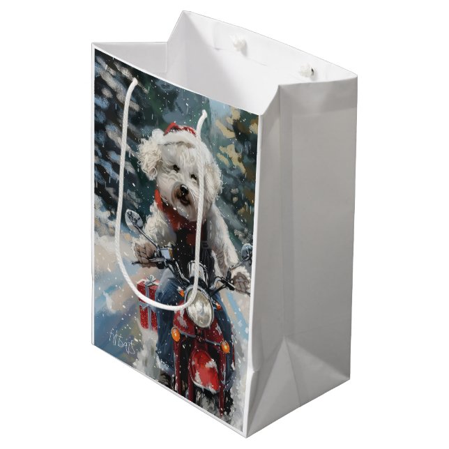 Sacola Para Presentes Média Bichon Frise Dog Andando Moto Natal (Frente inclinada)