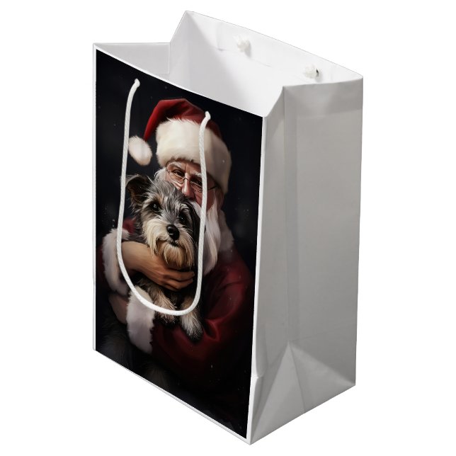 Sacola Para Presentes Média Biewer Terrier com Papai Noel Natal Festivo (Frente inclinada)