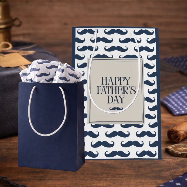 Sacola Para Presentes Média Bigode Azul Marinho Estampa Feliz Dia dos Pais (Criador carregado)