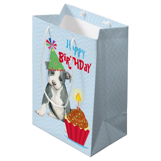 Sacola Para Presentes Média Birday Cupcake Pit Bull Terrier (Frente inclinada)