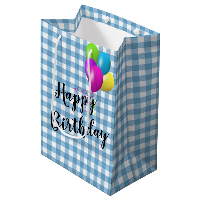 Sacola Para Presentes Média Birthday Blue e White Gingham (Frente inclinada)