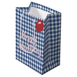 Sacola Para Presentes Média Birthday Blue e White Gingham