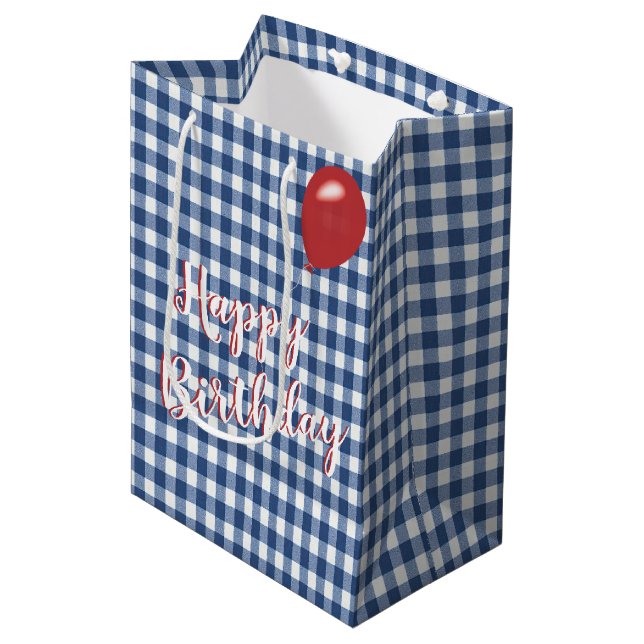 Sacola Para Presentes Média Birthday Blue e White Gingham (Frente inclinada)