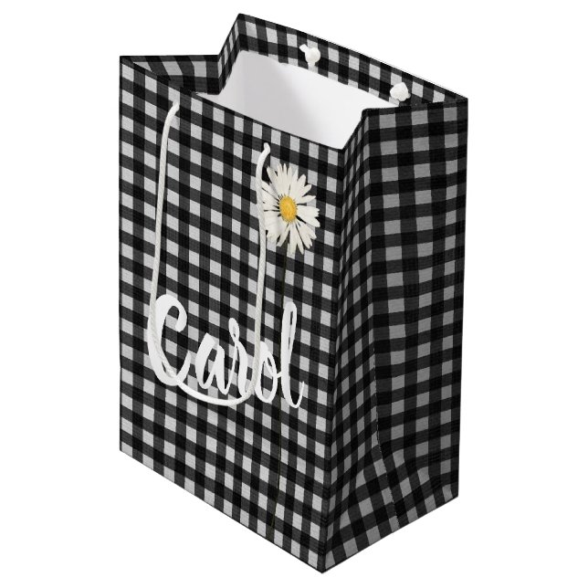 Sacola Para Presentes Média Birthday Daisy e Nome em Gingham (Frente inclinada)