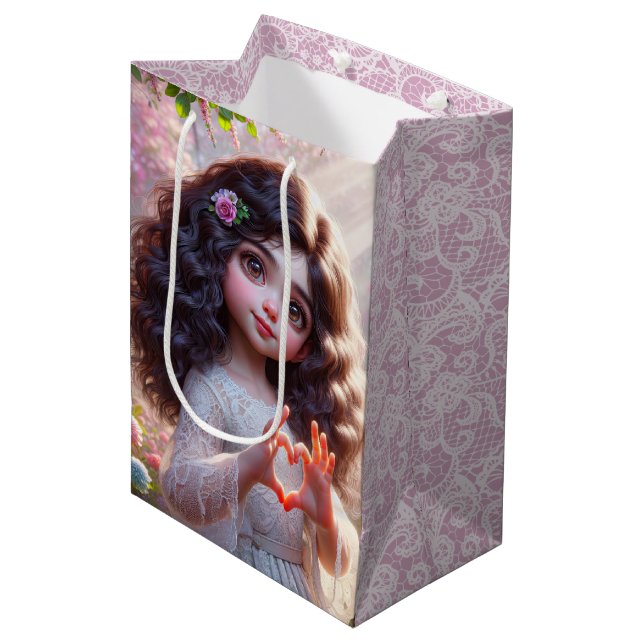 Sacola Para Presentes Média Birthday Girl with Fingers Forming a Heart (Frente inclinada)