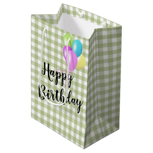 Sacola Para Presentes Média Birthday Green e White Gingham (Frente inclinada)