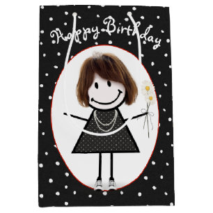 Sacola Para Presentes Média Birthday Stick Figure Girl On Bolinhas