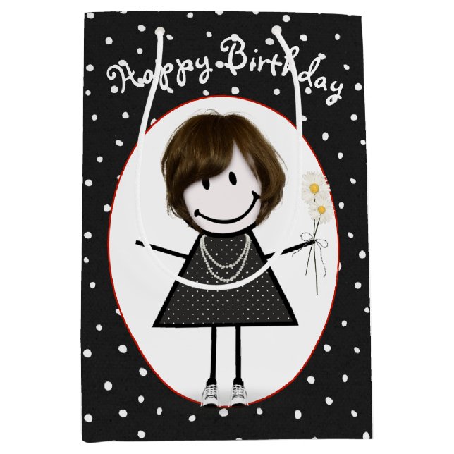 Sacola Para Presentes Média Birthday Stick Figure Girl On Bolinhas (Frente)