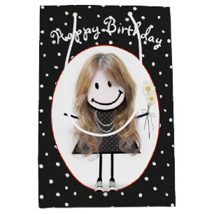 Sacola Para Presentes Média Birthday Stick Figure Girl On Bolinhas