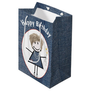 Sacola Para Presentes Média Birthday Stick Figure Girl On Denim