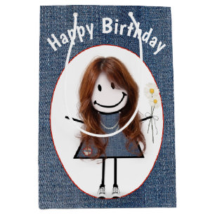 Sacola Para Presentes Média Birthday Stick Figure Girl On Denim