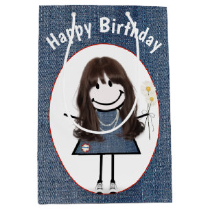 Sacola Para Presentes Média Birthday Stick Figure Girl On Denim