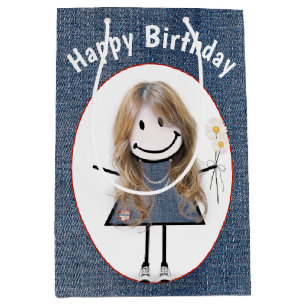 Sacola Para Presentes Média Birthday Stick Figure Girl On Denim