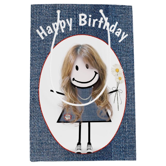 Sacola Para Presentes Média Birthday Stick Figure Girl On Denim (Frente)