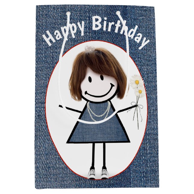 Sacola Para Presentes Média Birthday Stick Figure Girl On Denim (Frente)