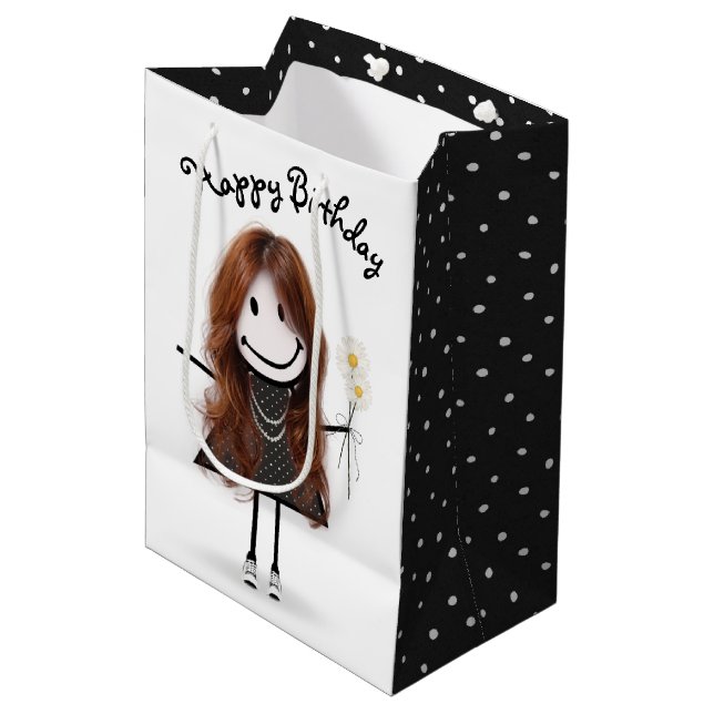 Sacola Para Presentes Média Birthday Stick Figure Girl with Daisiers (Frente inclinada)