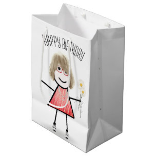 Sacola Para Presentes Média Birthday Stick Girl com Buquê Daisy