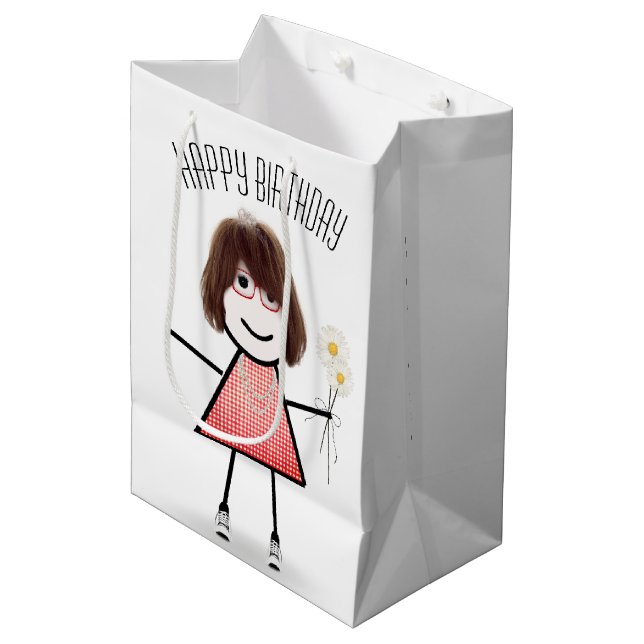 Sacola Para Presentes Média Birthday Stick Girl com Buquê Daisy (Frente inclinada)