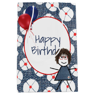 Sacola Para Presentes Média Birthday Stick Girl com cabelo