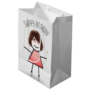 Sacola Para Presentes Média Birthday Stick Girl com Daisy