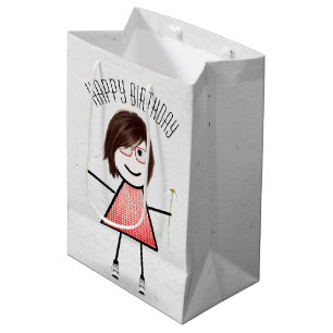 Sacola Para Presentes Média Birthday Stick Girl com Daisy