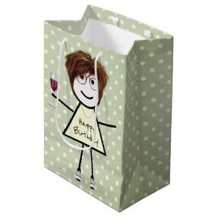 Sacola Para Presentes Média Birthday Stick Girl Em Bolinhas
