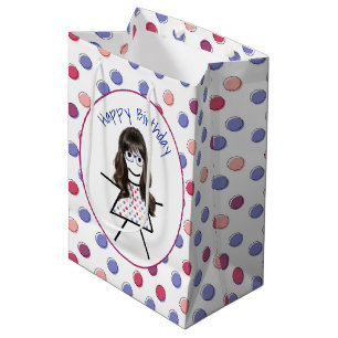 Sacola Para Presentes Média Birthday Stick Girl em Bolinhas