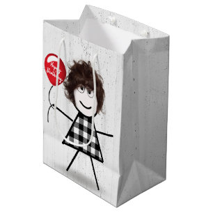 Sacola Para Presentes Média Birthday Stick Girl with Balloon on Wood