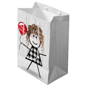 Sacola Para Presentes Média Birthday Stick Girl with Balloon on Wood